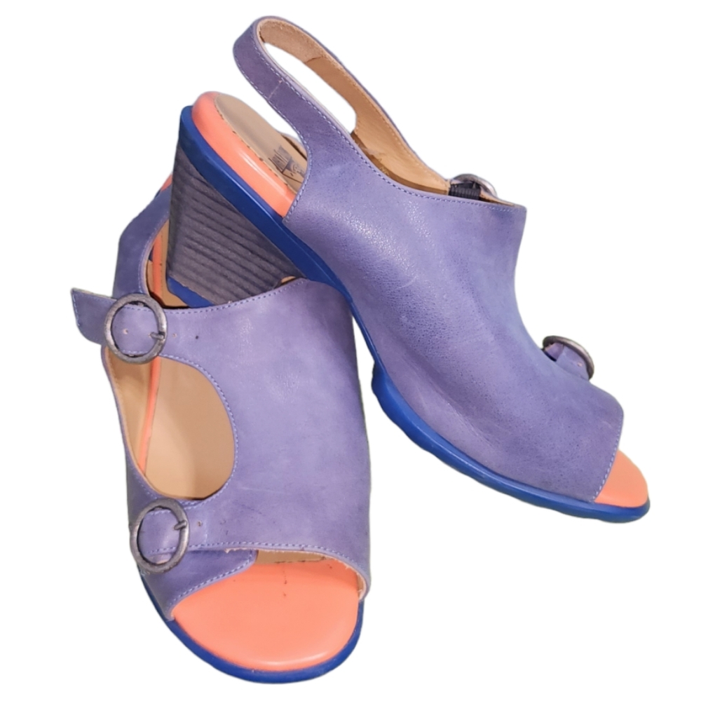 John Fluevog Awe Periwinkle and Peach Sandals